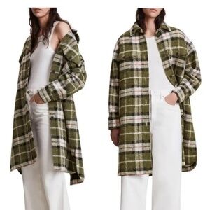 New AllSaints Tia Wool Blend Green Plaid Coat Size 2